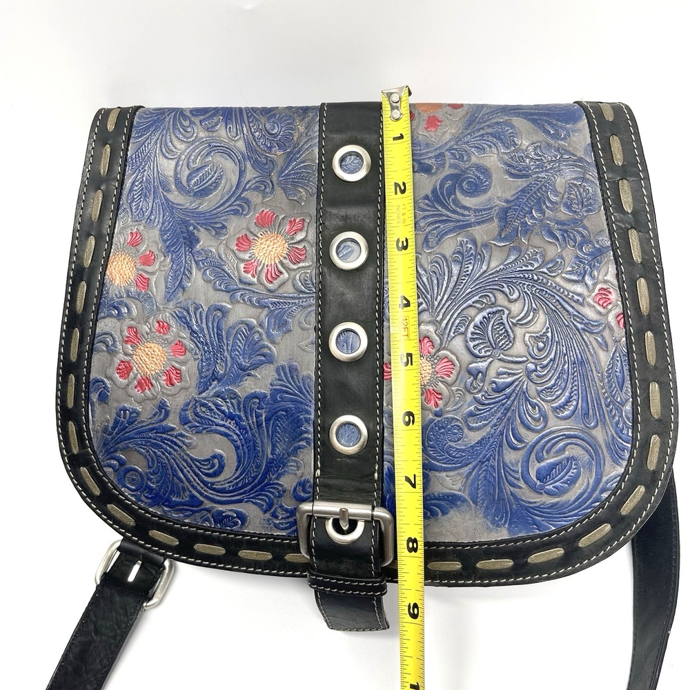 Firenze Bella Tooled Leather Hand Painted Buckle Studded Crossbody Purse Bag - Picture 13 of 14